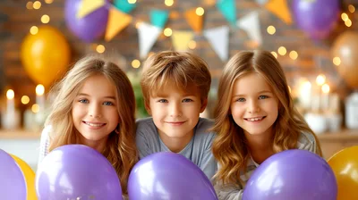 Three Happy Children Celebrating With Colorful Balloons