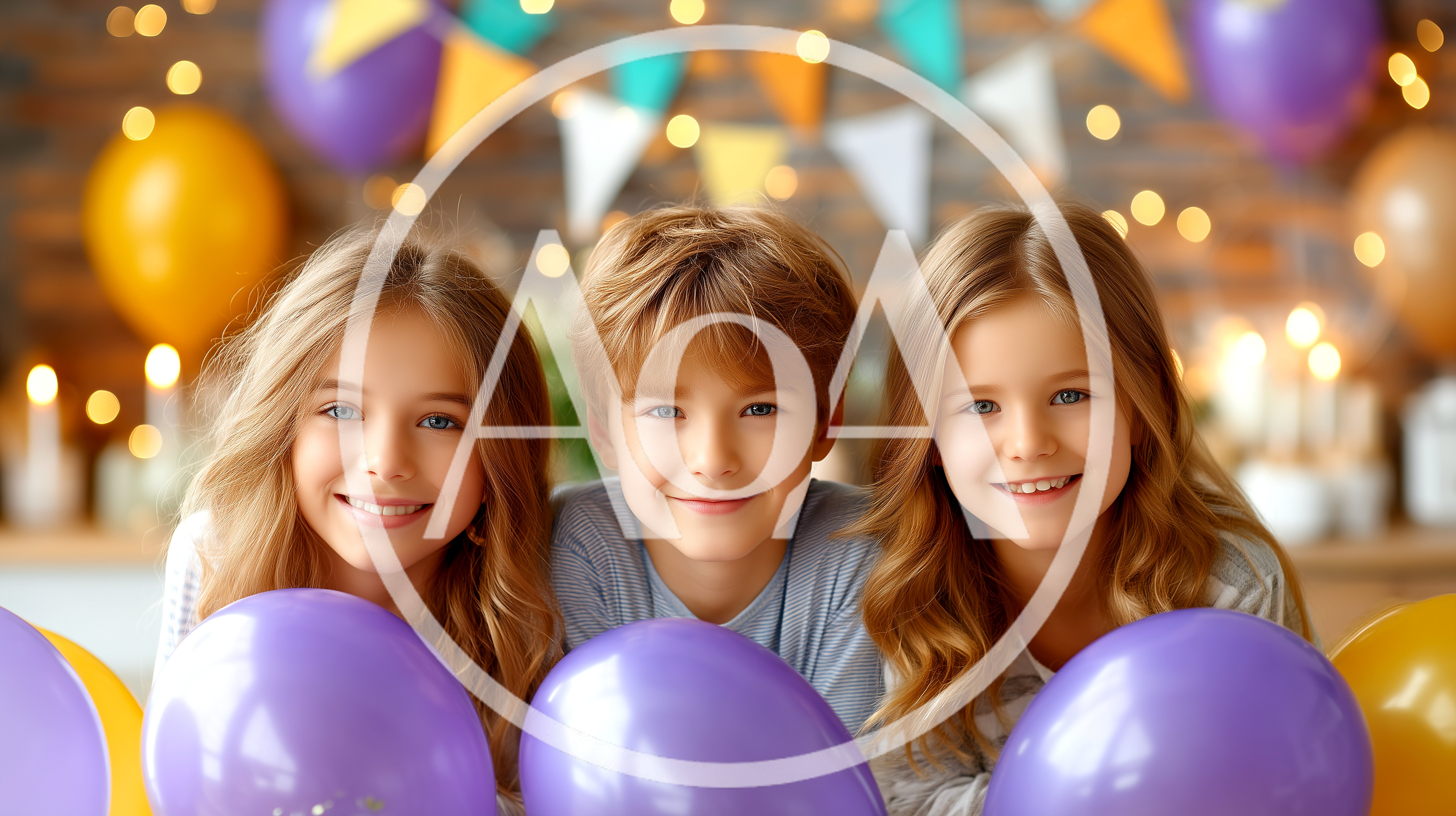 Three Happy Children Celebrating With Colorful Balloons