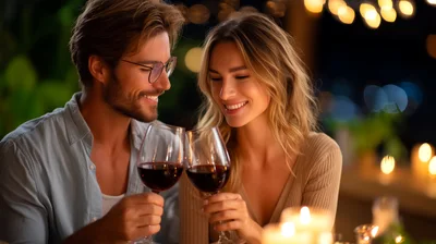Couple Toasting With Red Wine At Romantic Dinner