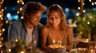 Couple Celebrating Birthday With Cake At Night