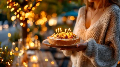 Woman Holding Birthday Cake With Lit Candles