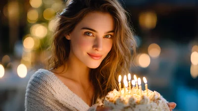 Young Woman Holding Birthday Cake With Lit Candles