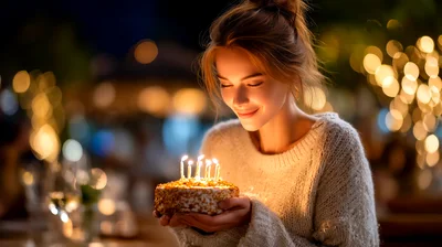 Young Woman Holding Birthday Cake With Lit Candles