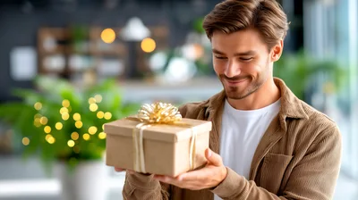 Smiling Man Holding A Gift Box