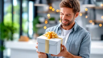 Smiling Man Holding A Gift Box
