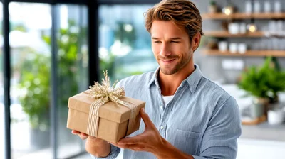 Young Man Holding A Gift Box