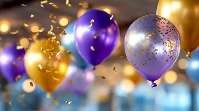 Festive Gold And Purple Balloons With Falling Confetti