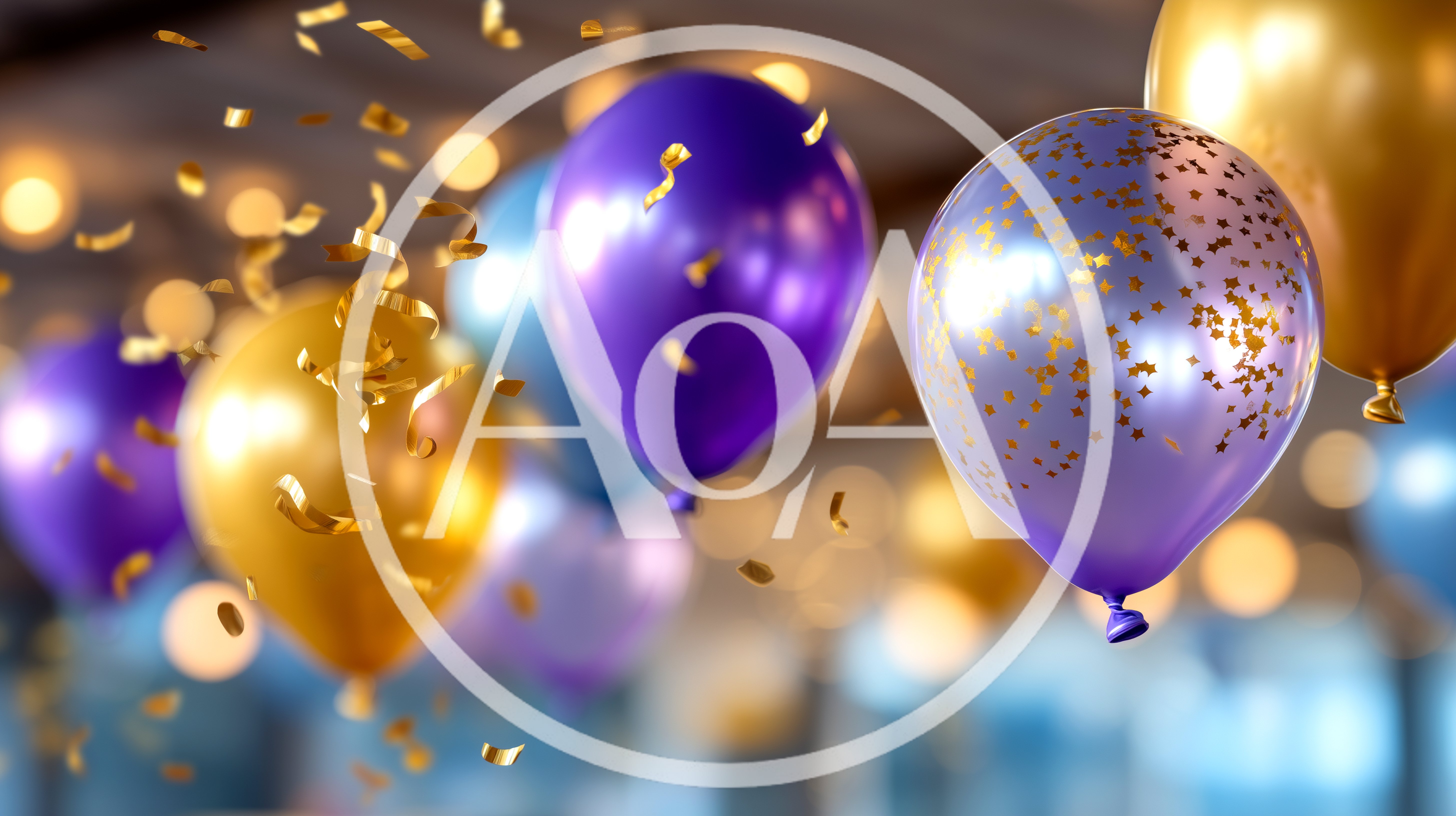 Festive Gold And Purple Balloons With Falling Confetti