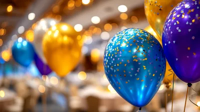 Festive Balloons With Confetti In A Banquet Hall