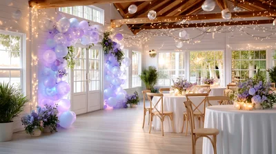 Elegant Wedding Reception Hall With Pastel Balloon Arch