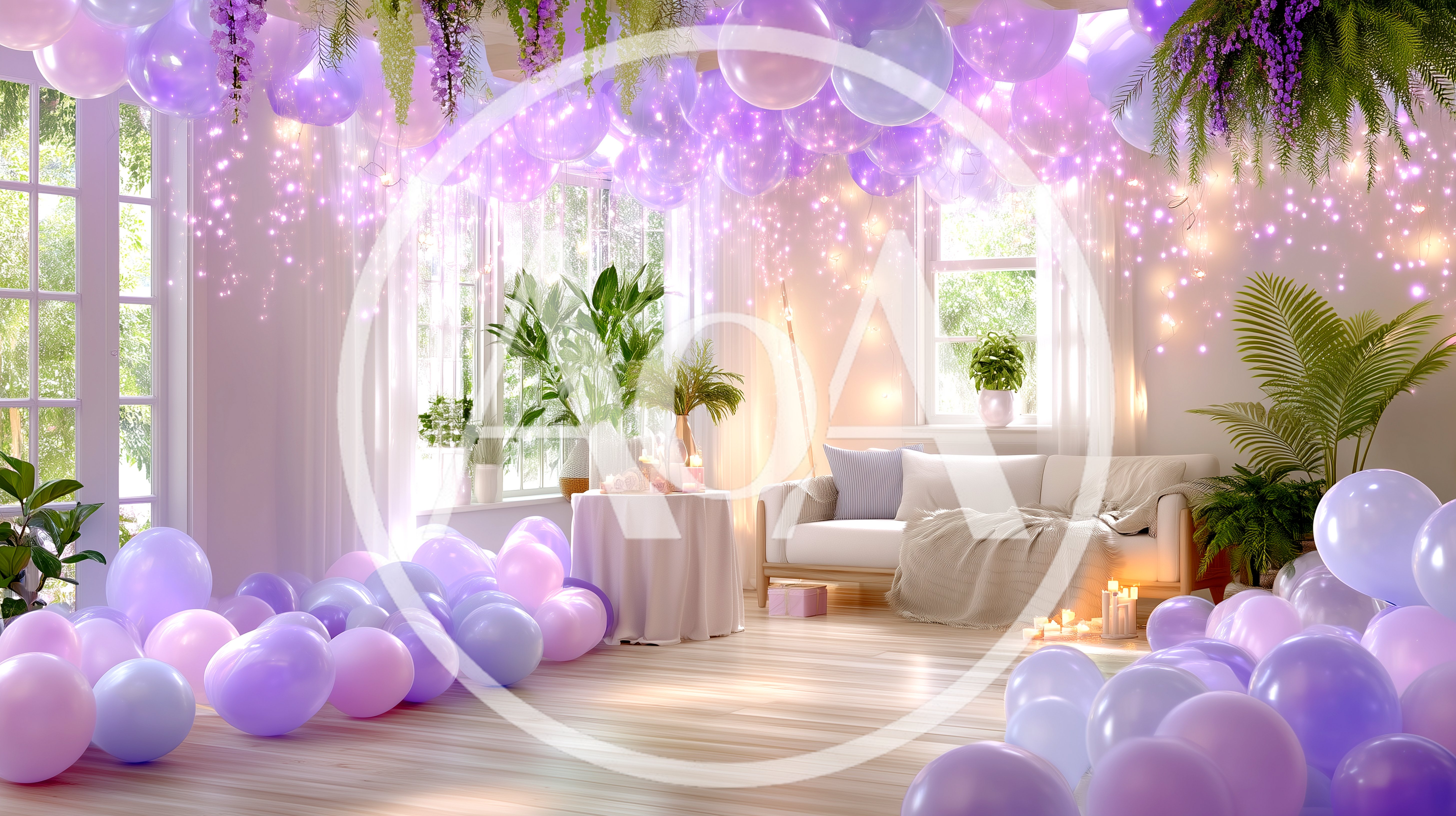 Festive Purple Balloon Decoration In A Bright Living Room