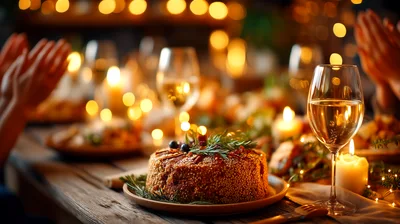 Festive Holiday Dinner Table With Cake And Wine