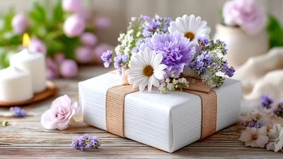 White Gift Box Decorated With Fresh Spring Flowers
