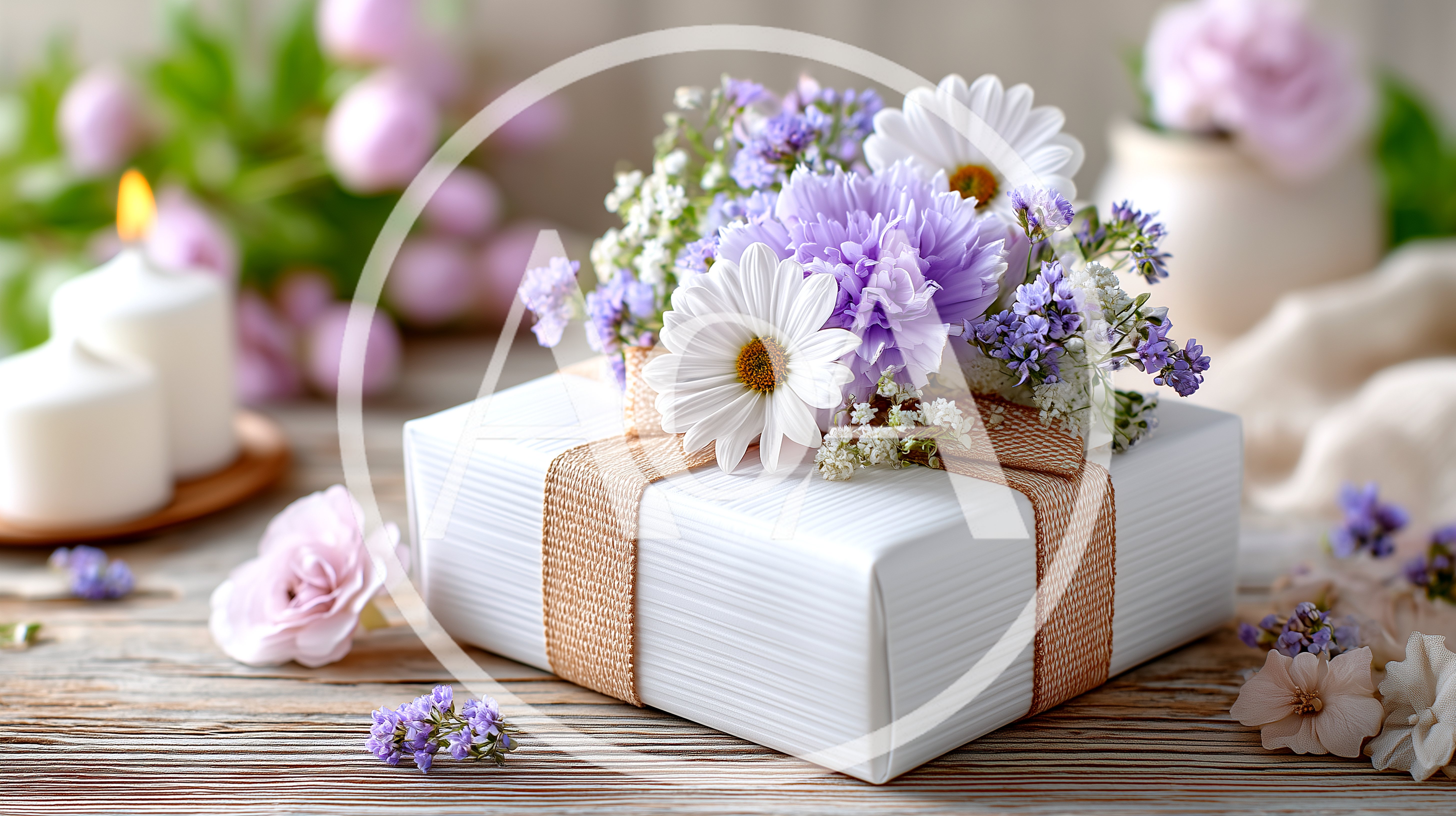 White Gift Box Decorated With Fresh Spring Flowers