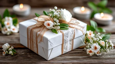 Elegant White Gift Box Decorated With Flowers And Candles