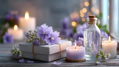 Spa Still Life With Lavender Flowers And Candles