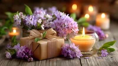 Gift Box With Lilac Flowers And Lit Candles