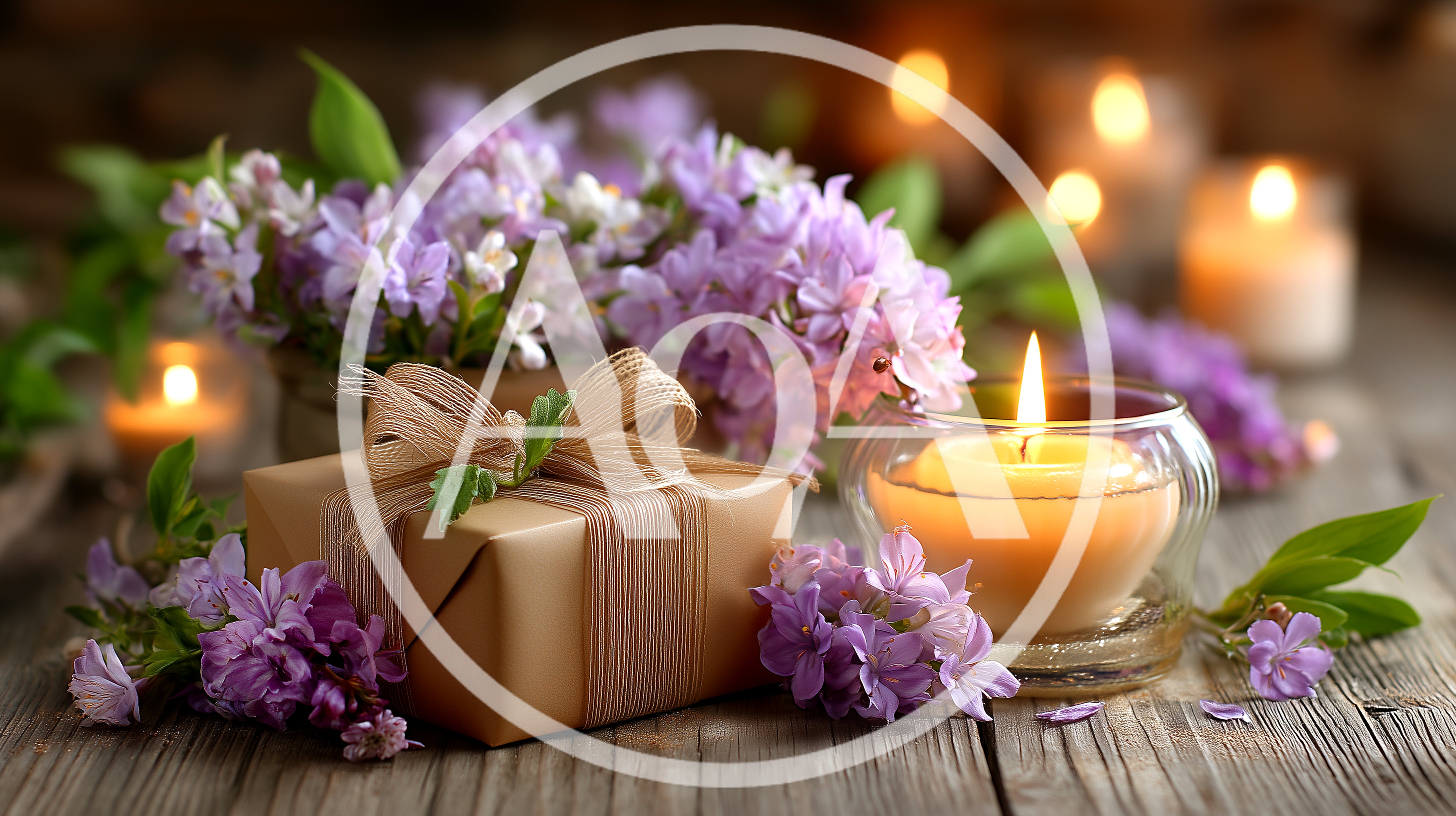 Gift Box With Lilac Flowers And Lit Candles