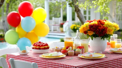 Outdoor Garden Party Table With Balloons And Refreshments