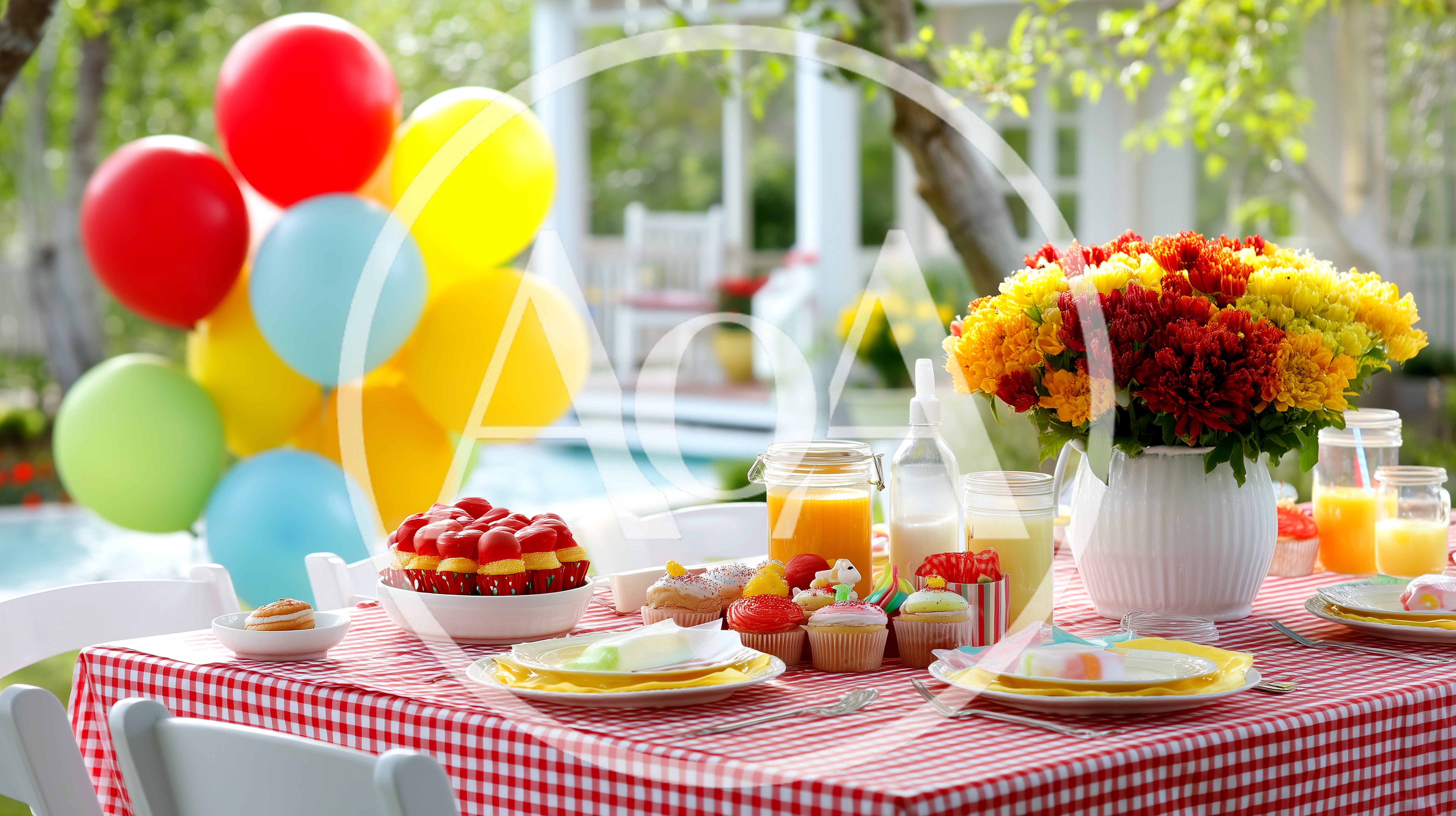 Outdoor Garden Party Table With Balloons And Refreshments