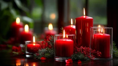 Red Christmas Candles With Pine Branches And Berries