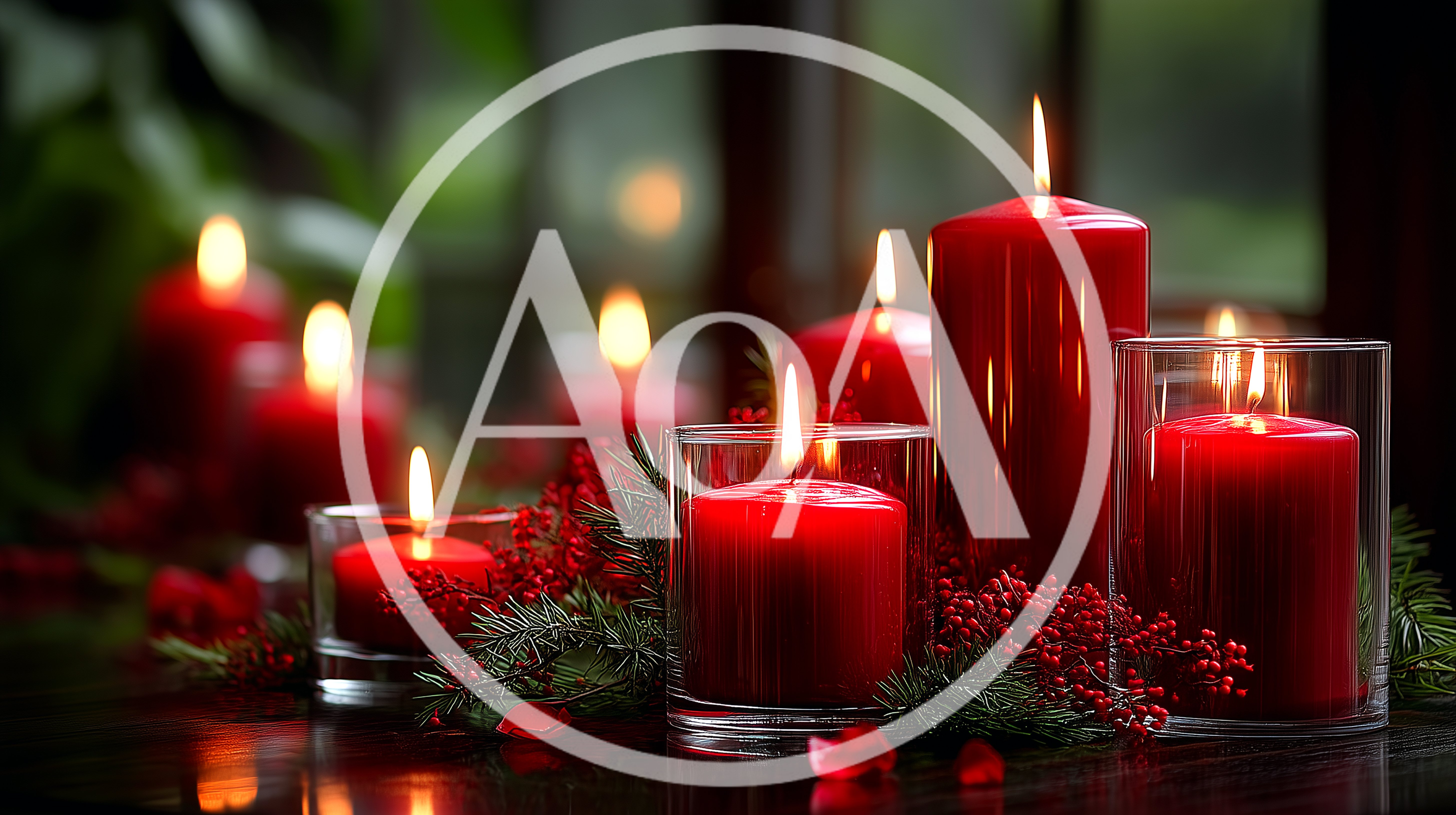 Red Christmas Candles With Pine Branches And Berries