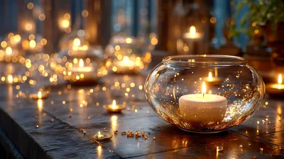 Candlelight Glow In Glass Bowls On Dark Table