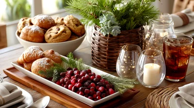 Festive Holiday Breakfast Table Setting With Pastries And Cranberries