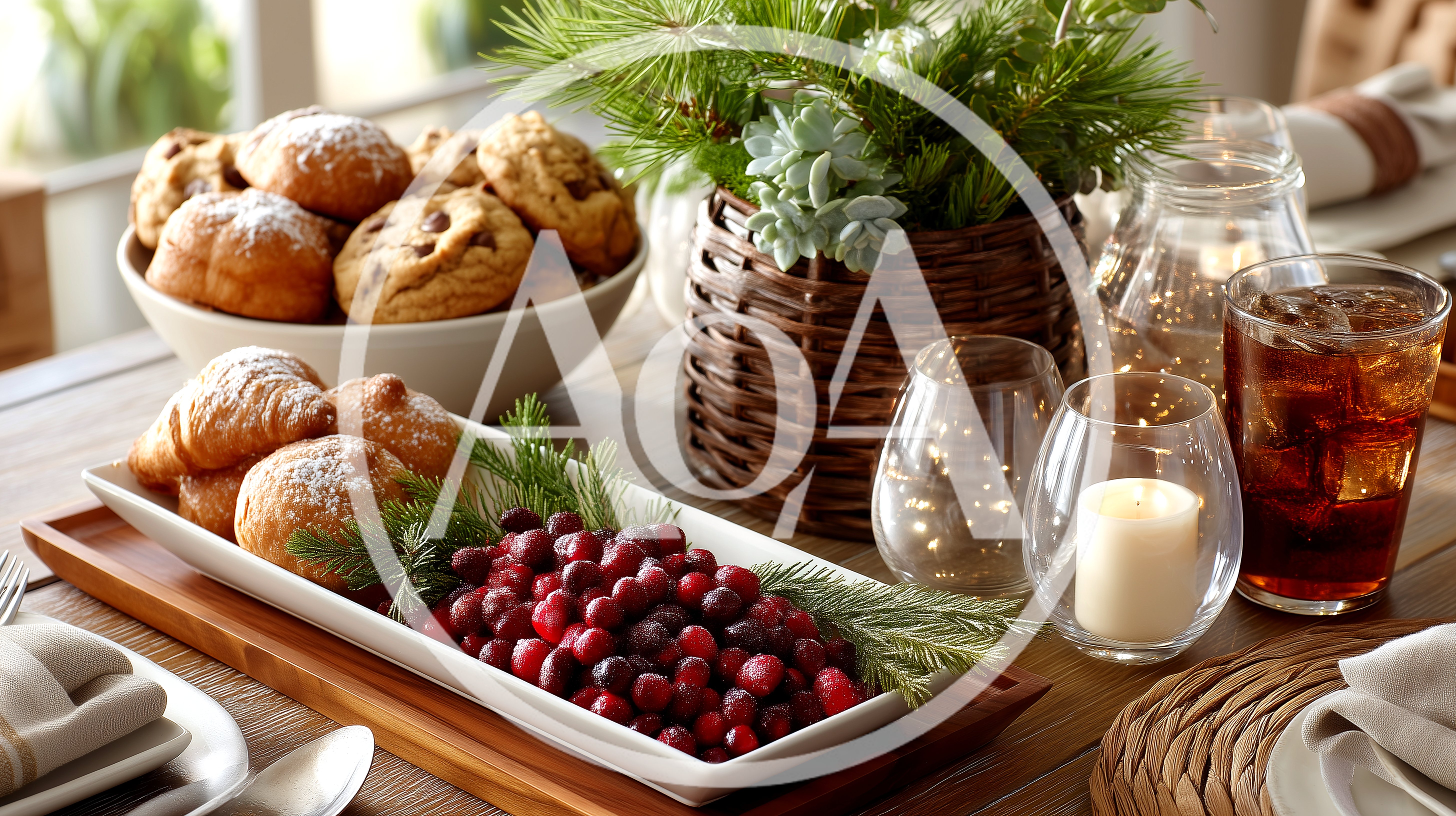 Festive Holiday Breakfast Table Setting With Pastries And Cranberries