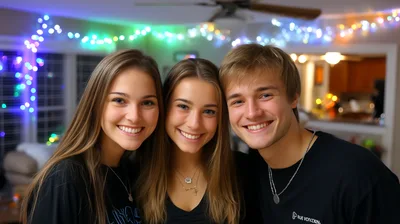 Three Young Friends Smiling Together Indoors