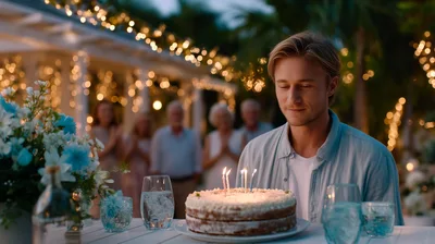 Young Man Celebrating Birthday With Cake Outdoors