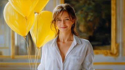 Young Woman Smiling With Yellow Balloons In Elegant Room