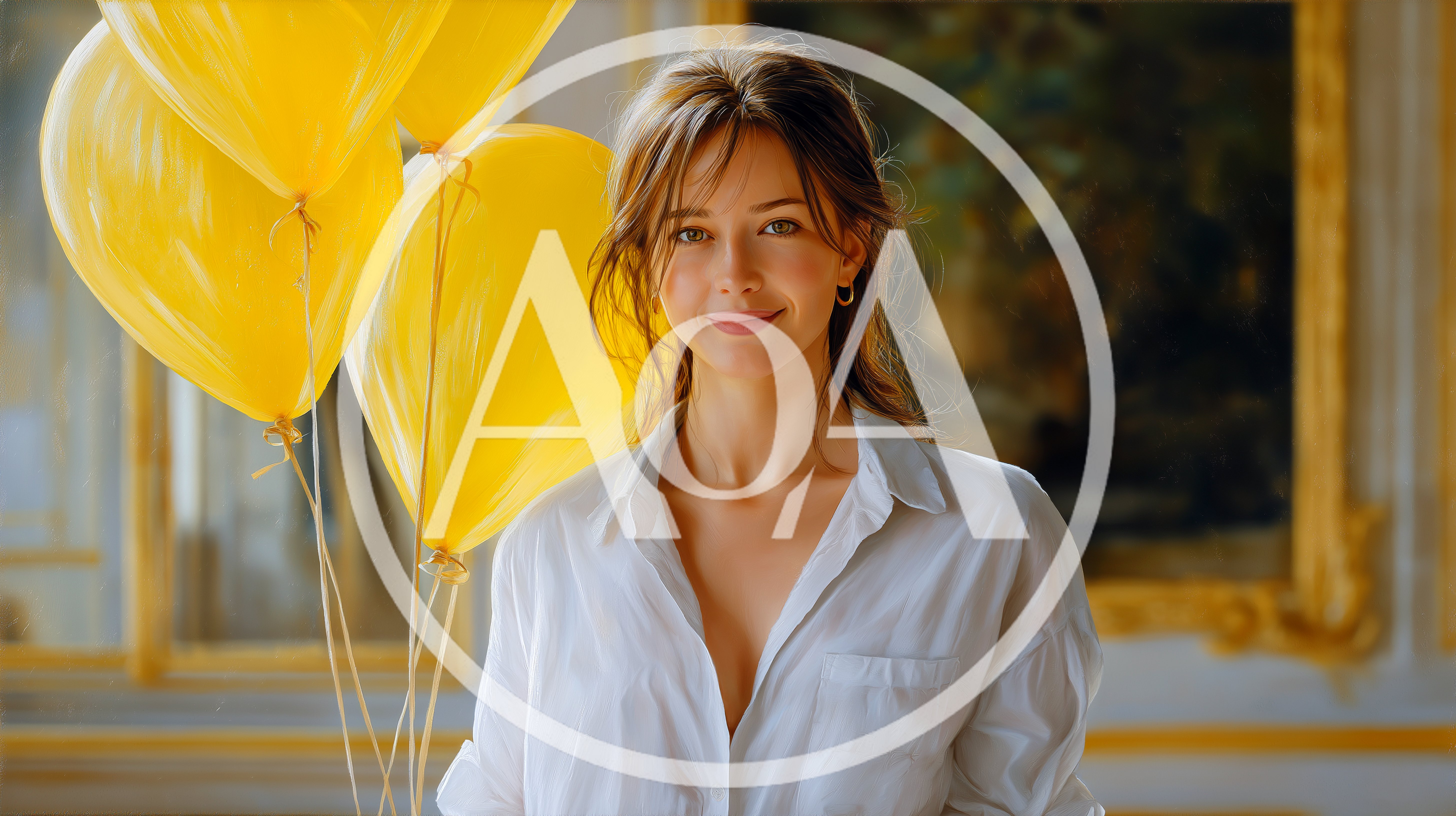 Young Woman Smiling With Yellow Balloons In Elegant Room