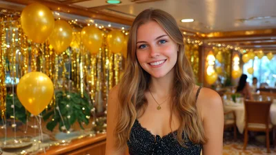 Young Woman Smiling In A Festive Gold Decorated Room