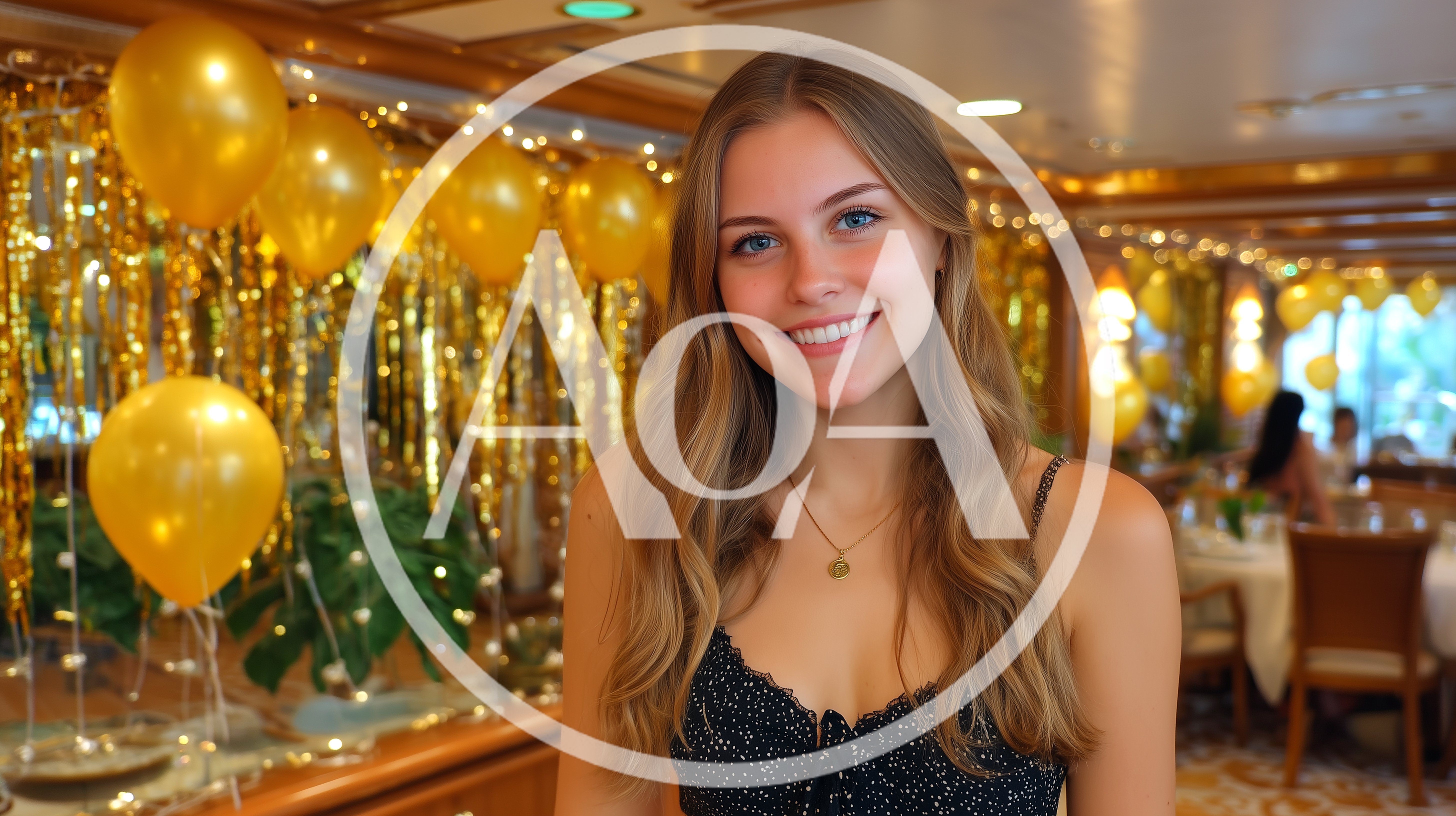 Young Woman Smiling In A Festive Gold Decorated Room