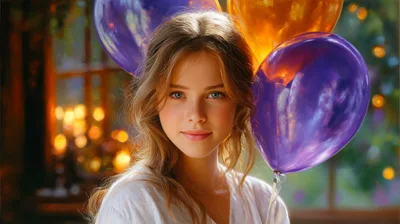 Young Woman Holding Balloons In A Warmly Lit Room