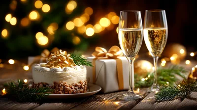 Festive Christmas Celebration With Champagne And Cake