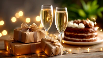 Celebratory Gift Boxes With Champagne And Chocolate Cake