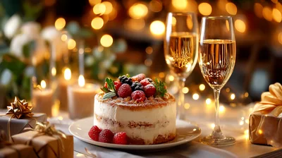 Celebratory Cake With Champagne Glasses And Gift Boxes