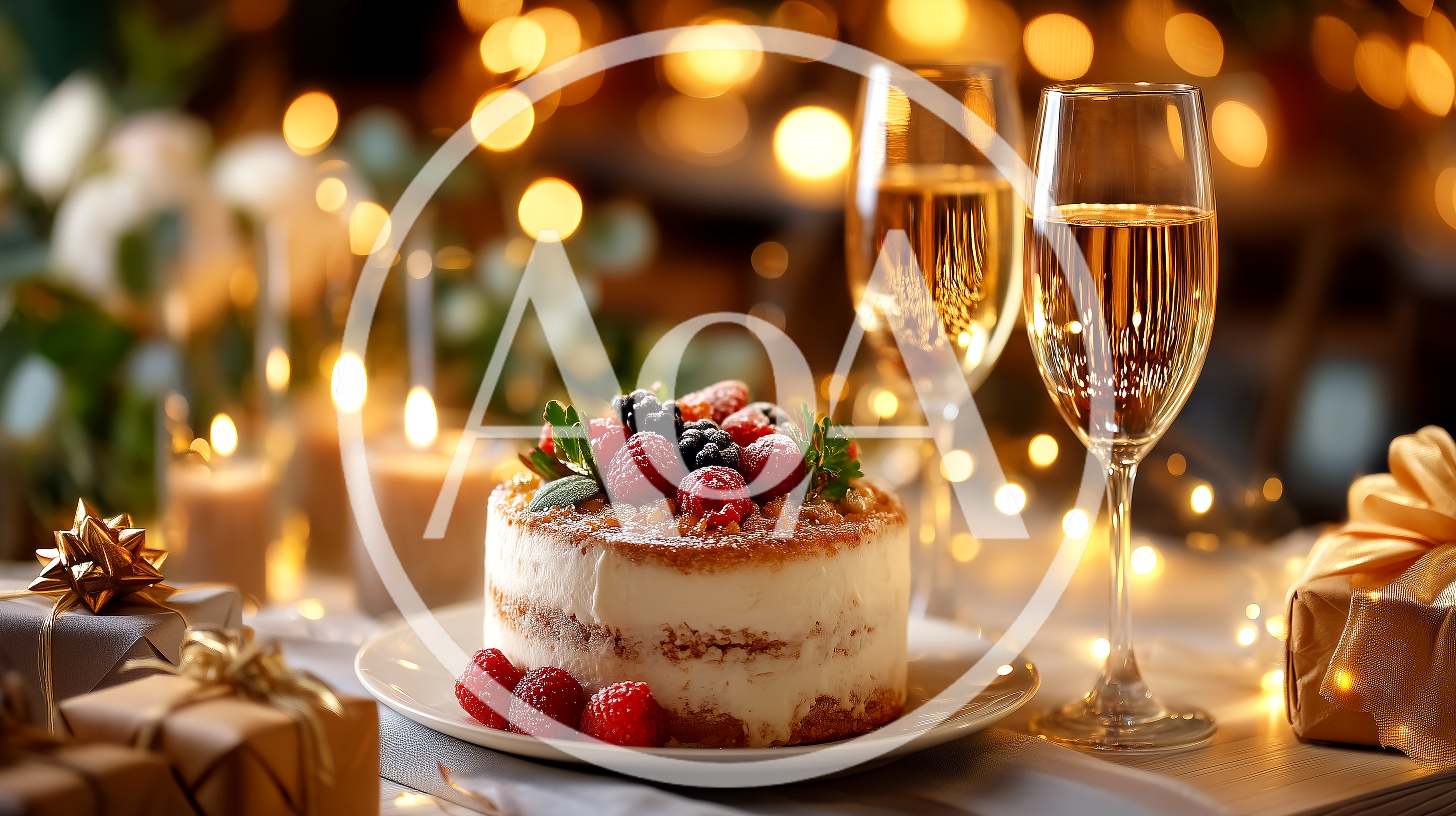 Celebratory Cake With Champagne Glasses And Gift Boxes