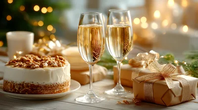 Festive Holiday Celebration With Champagne And Cake