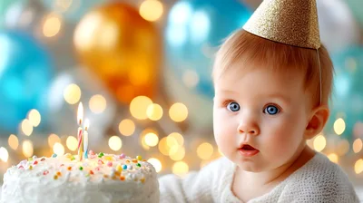 Adorable Baby Wearing Party Hat With Birthday Cake