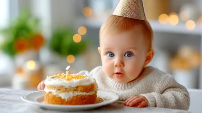 Baby Wearing Party Hat With Birthday Cake