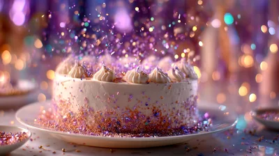 Celebratory Cake With Falling Purple Glitter Confetti