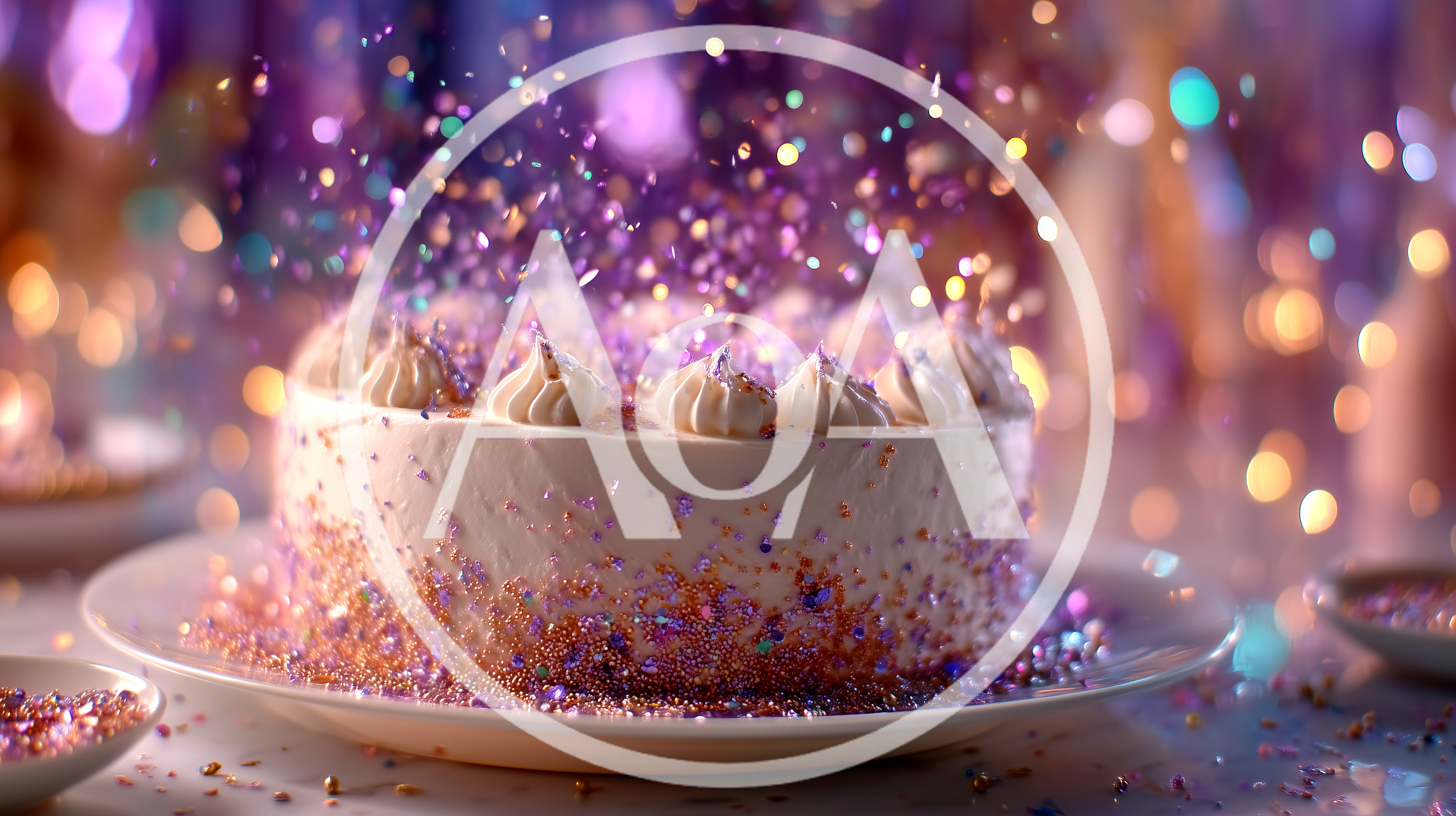 Celebratory Cake With Falling Purple Glitter Confetti