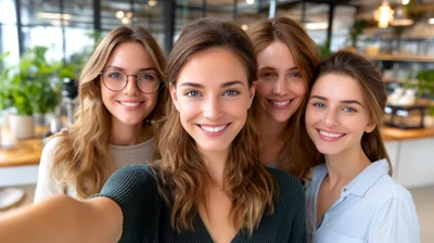 Four Young Women Taking A Group Selfie In A Cafe