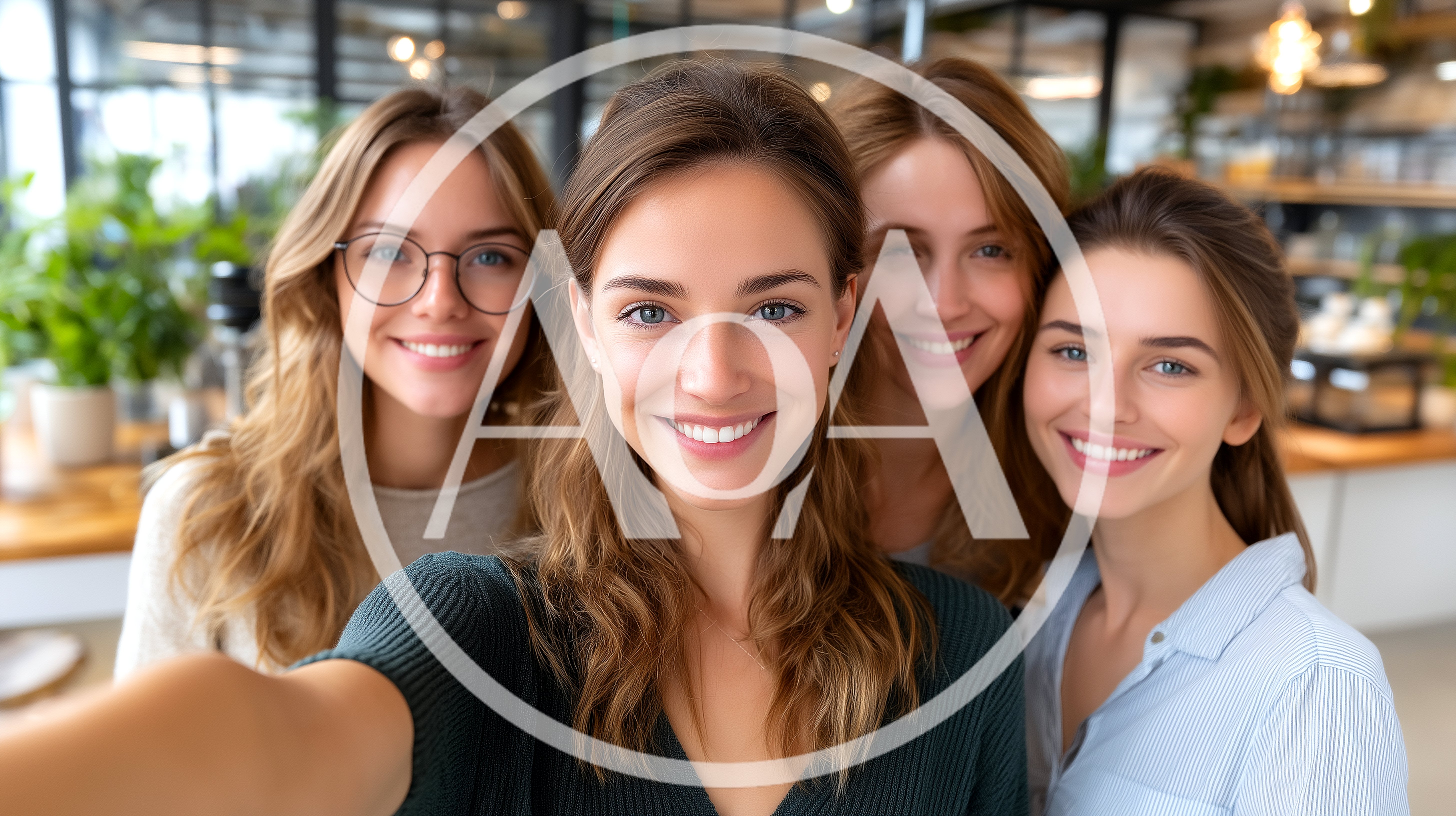 Four Young Women Taking A Group Selfie In A Cafe