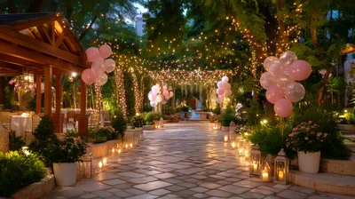 Outdoor Wedding Venue Decorated With Balloons And Fairy Lights