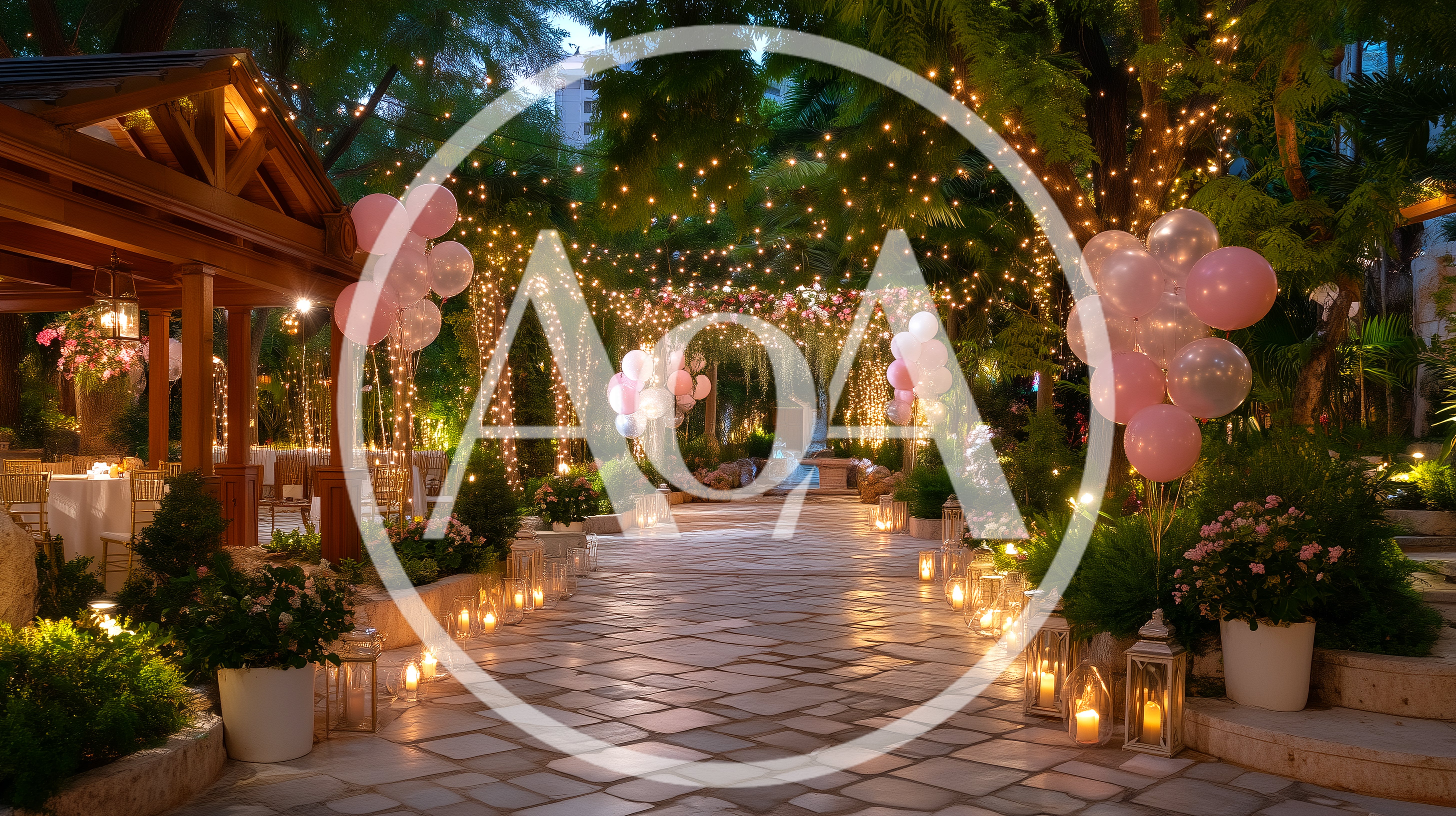 Outdoor Wedding Venue Decorated With Balloons And Fairy Lights
