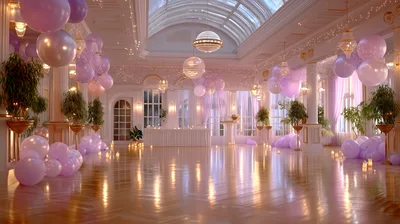 Elegant Ballroom Decorated With Purple Balloons For Celebration